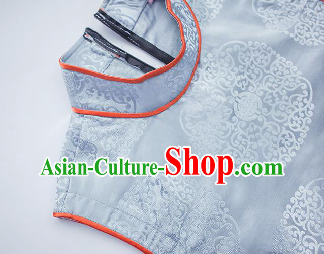Chinese Tibetan Ethnic Light Blue Brocade Waistcoat Zang Nationality Vest Clothing