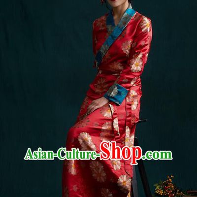 China Tibetan Ethnic Woman Folk Dance Clothing Zang Nationality Red Brocade Bola Dress
