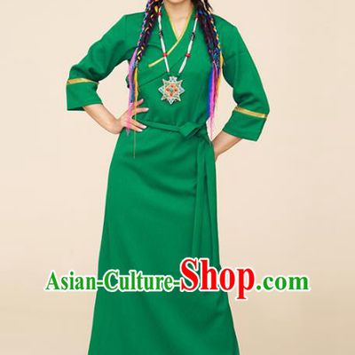 China Zang Nationality Folk Dance Green Bola Dress Tibetan Ethnic Woman Clothing
