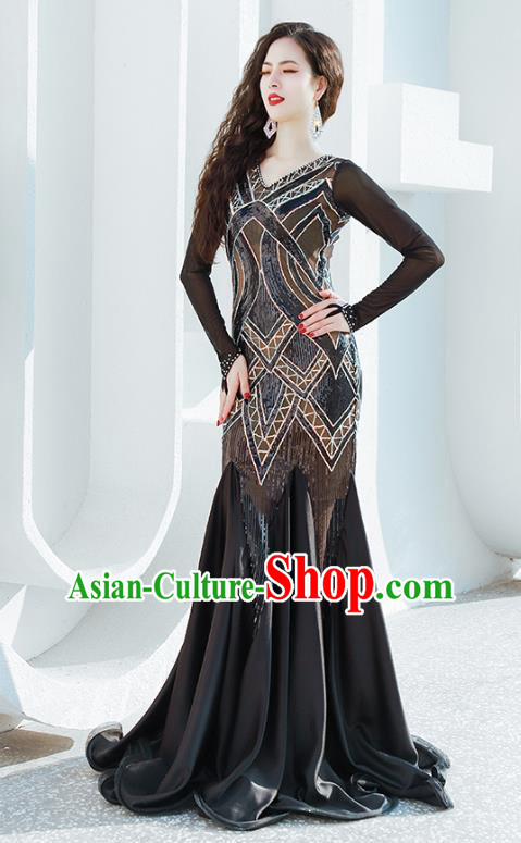 India Traditional Belly Dance Clothing Asian Oriental Dance Black Fishtail Dress India Traditional Belly Dance Clothing Asian Oriental Dance Black Fishtail Dress
