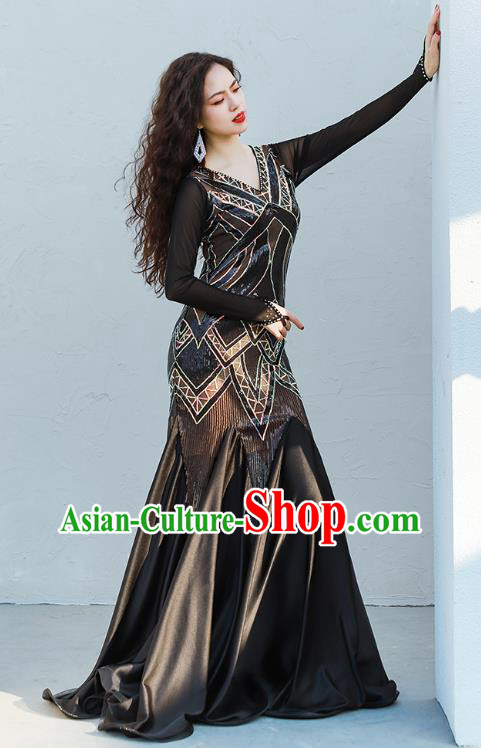 India Traditional Belly Dance Clothing Asian Oriental Dance Black Fishtail Dress India Traditional Belly Dance Clothing Asian Oriental Dance Black Fishtail Dress