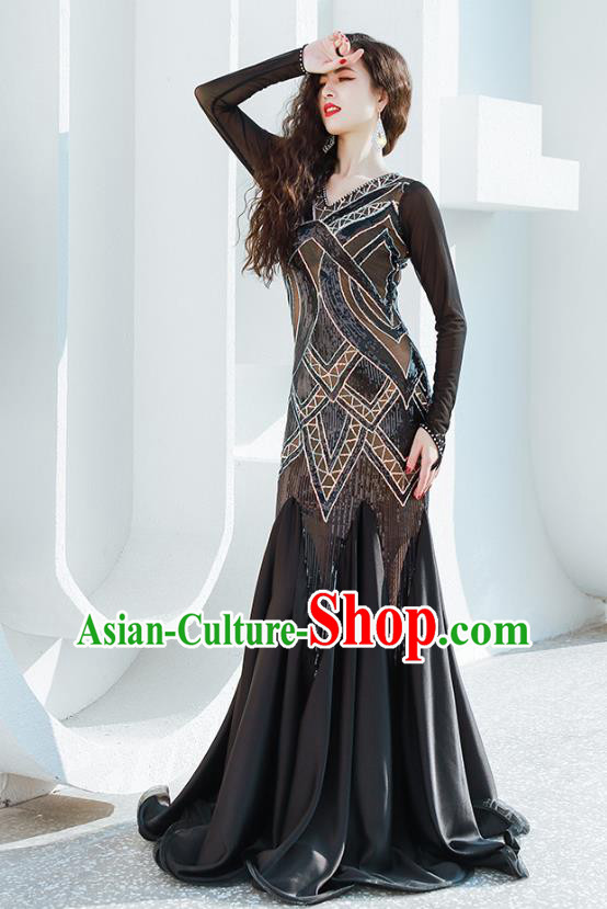 India Traditional Belly Dance Clothing Asian Oriental Dance Black Fishtail Dress India Traditional Belly Dance Clothing Asian Oriental Dance Black Fishtail Dress