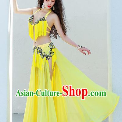Indian Belly Dance Luxury Outfits Traditional Asian Oriental Dance Group Dance Clothing Yellow Tassel Bra and Skirt