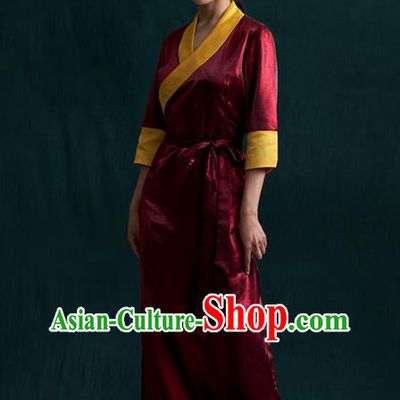 China Traditional Tibetan Ethnic Woman Clothing Zang Nationality Kangba Wine Red Bola Dress