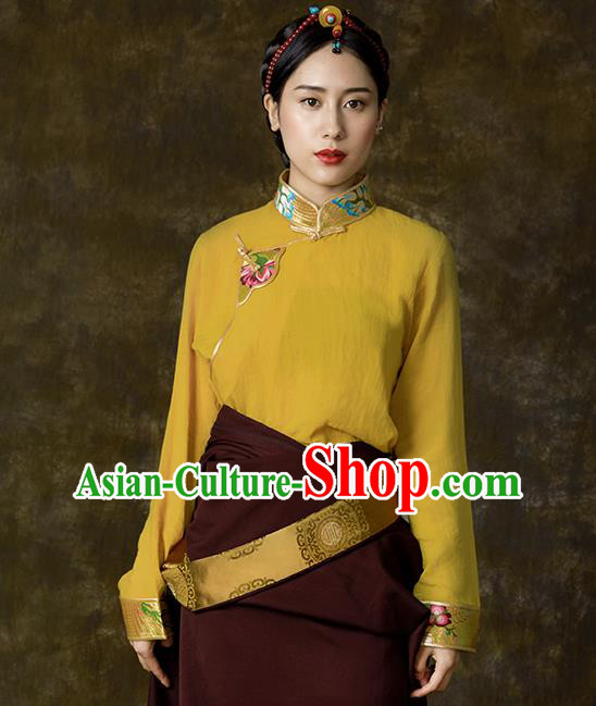 Chinese Tibetan Ethnic Yellow Blouse Zang Nationality Embroidered Shirt Clothing Chinese Tibetan Ethnic Yellow Blouse Zang Nationality Embroidered Shirt Clothing