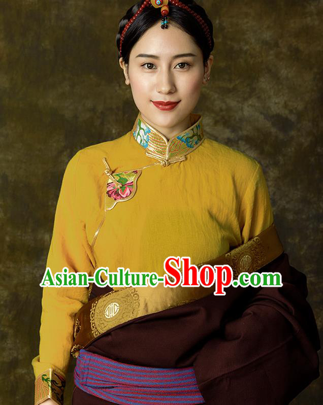 Chinese Tibetan Ethnic Yellow Blouse Zang Nationality Embroidered Shirt Clothing Chinese Tibetan Ethnic Yellow Blouse Zang Nationality Embroidered Shirt Clothing