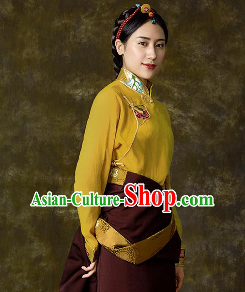 Chinese Tibetan Ethnic Yellow Blouse Zang Nationality Embroidered Shirt Clothing Chinese Tibetan Ethnic Yellow Blouse Zang Nationality Embroidered Shirt Clothing