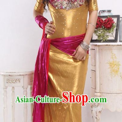 India Traditional Belly Dance Clothing Asian Oriental Dance Performance Rosy Bra and Golden Robe Outfits
