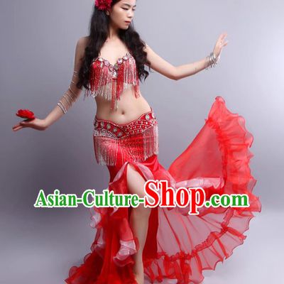 Indian Traditional Belly Dance Red Sexy Tassel Outfits Asian Oriental Dance Stage Performance Clothing