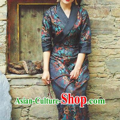 China Zang Nationality Navy Brocade Bola Dress Clothing Tibetan Ethnic Woman Costume