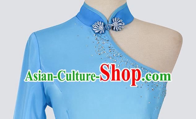 Chinese Folk Dance Blue Outfits Woman Fan Dance Yangko Dance Clothing Chinese Folk Dance Blue Outfits Woman Fan Dance Yangko Dance Clothing