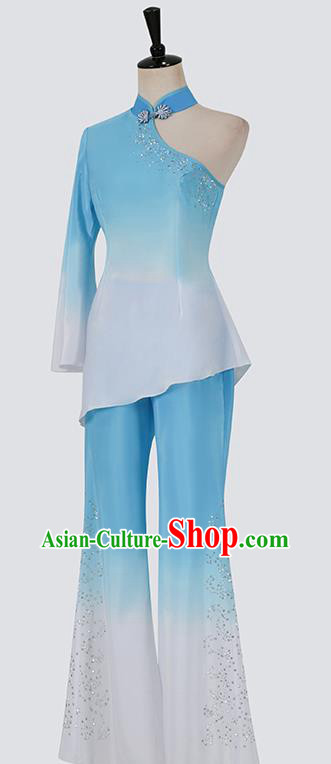 Chinese Folk Dance Blue Outfits Woman Fan Dance Yangko Dance Clothing Chinese Folk Dance Blue Outfits Woman Fan Dance Yangko Dance Clothing