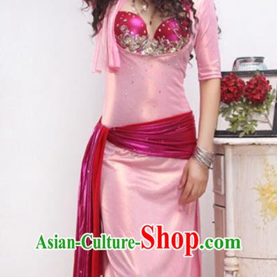 India Traditional Belly Dance Stage Clothing Asian Oriental Dance Rosy Bra and Pink Robe