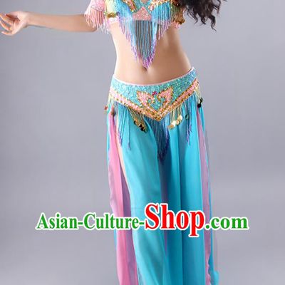Traditional Asian Indian Belly Dance Stage Performance Clothing India Oriental Dance Beads Tassel Bra and Blue Skirt Outfits
