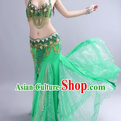 Asian Indian Stage Performance Dance Green Clothing Traditional India Oriental Dance Belly Dance Bra and Skirt Outfits