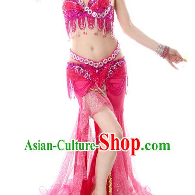 India Belly Dance Beads Tassel Rosy Bra and Skirt Asian Indian Raks Sharki Dance Fashion Traditional Oriental Dance Costume
