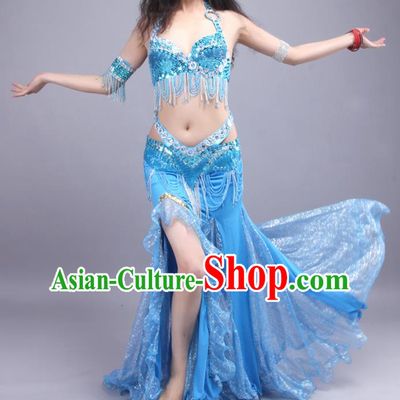 Traditional Indian Raks Sharki Beads Tassel Blue Bra and Skirt Asian India Belly Dance Competition Oriental Dance Costume