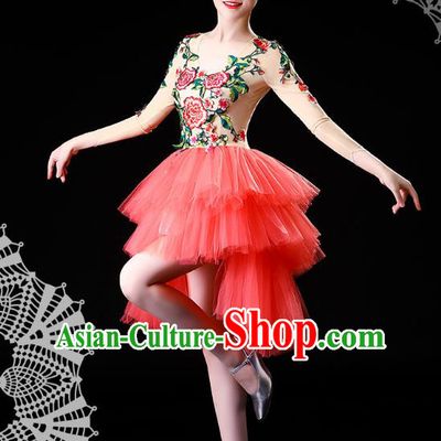 China Jazz Dance Stage Performance Costume Modern Dance Embroidered Pink Bubble Dress