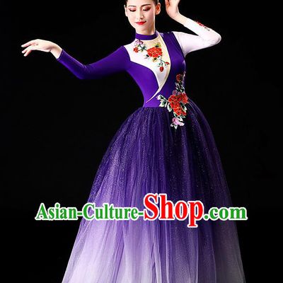 China Chorus Clothing Modern Dance Stage Performance Costume Opening Dance Purple Veil Dress