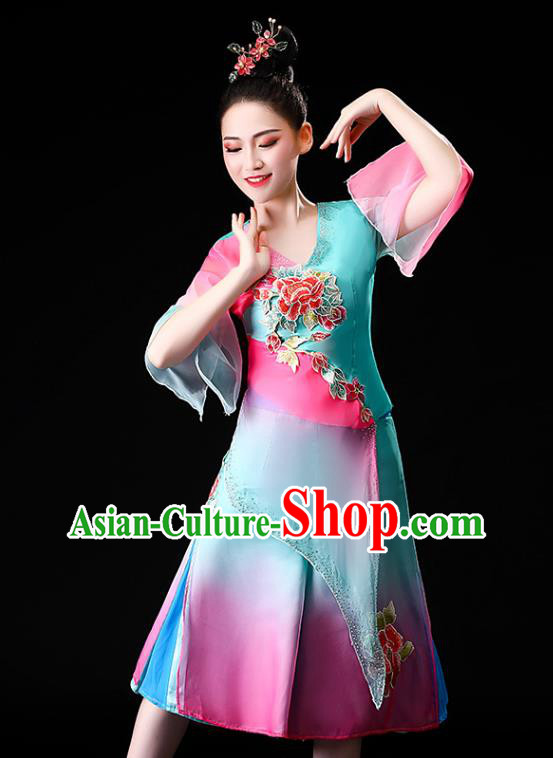 Chinese Traditional Folk Dance Clothing Asian Yangko Dance Performance Embroidered Blue Outfits Chinese Traditional Folk Dance Clothing Asian Yangko Dance Performance Embroidered Blue Outfits