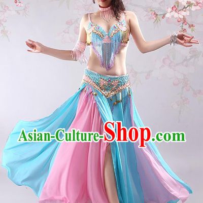 India Oriental Dance Tassel Bra and Blue Skirt Outfits Traditional Asian Indian Belly Dance Group Dance Clothing