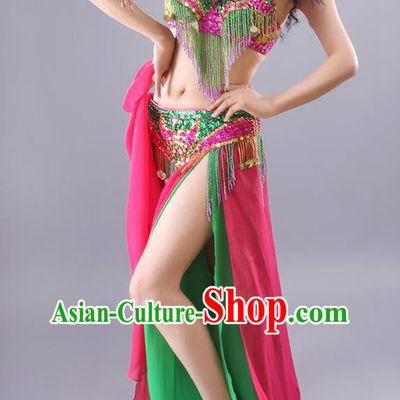 Traditional Asian Indian Belly Dance Group Dance Clothing India Oriental Dance Beads Tassel Bra and Green Skirt Outfits