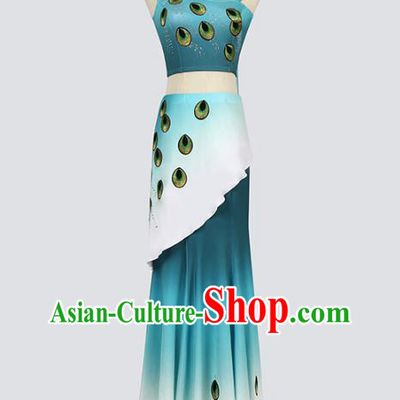 China Traditional Yunnan Ethnic Stage Performance Clothing Dai Nationality Peacock Dance Blue Outfits Costumes