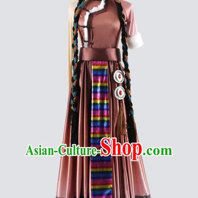 China Traditional Tibetan Ethnic Stage Performance Clothing Zang Nationality Folk Dance Brown Dress Costume and Headwear