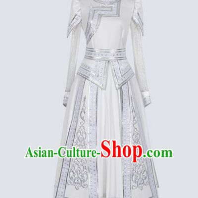 China Traditional Mongolian Ethnic Stage Performance Clothing Mongol Nationality Wedding White Dress Costume