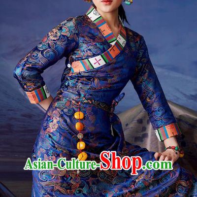 China Zang Nationality Royalblue Brocade Bola Dress Clothing Tibetan Ethnic Woman Stage Performance Costume