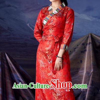 China Tibetan Ethnic Woman Stage Performance Costume Zang Nationality Red Brocade Bola Dress Clothing