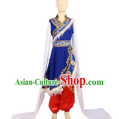 Chinese Tibetan Dance Clothing Nationality Folk Dance Stage Performance Blue Outfits for Men