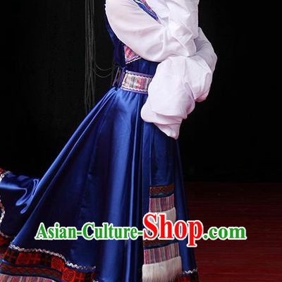 China Traditional Zang Ethnic Stage Performance Water Sleeve Clothing Tibetan Nationality Dance Royalblue Dress Outfits