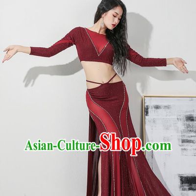 Asian Raks Sharki Oriental Dance Costume Indian Traditional Belly Dance Training Wine Red Uniforms