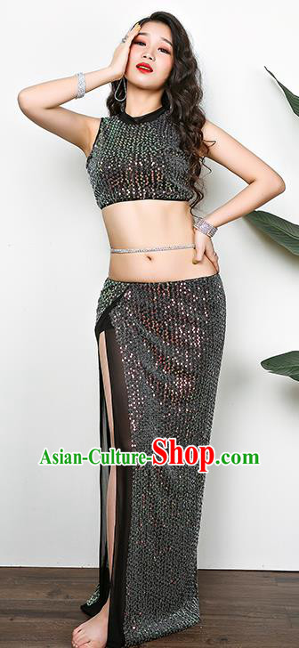 Traditional Asian Oriental Dance Training Costumes Indian Belly Dance Black Sequins Outfits Traditional Asian Oriental Dance Training Costumes Indian Belly Dance Black Sequins Outfits