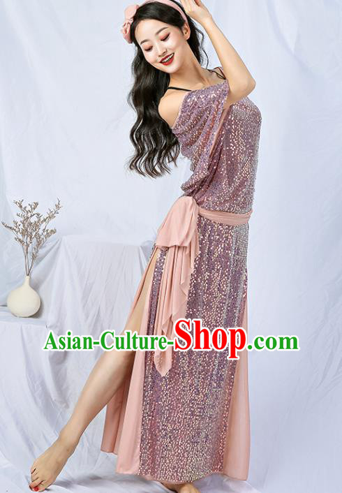 India Traditional Belly Dance Clothing Asian Oriental Dance Pink Sequins Robe India Traditional Belly Dance Clothing Asian Oriental Dance Pink Sequins Robe