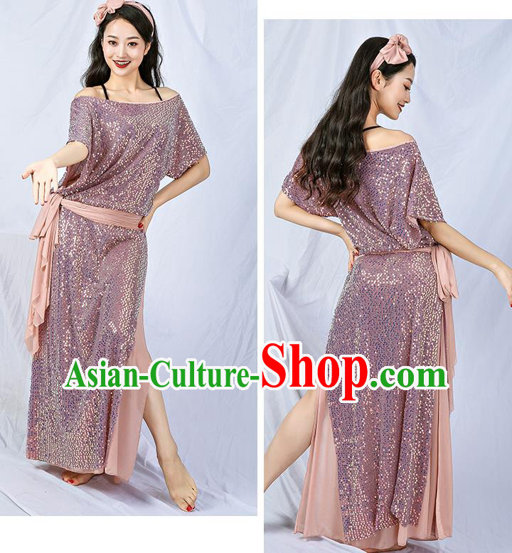 India Traditional Belly Dance Clothing Asian Oriental Dance Pink Sequins Robe India Traditional Belly Dance Clothing Asian Oriental Dance Pink Sequins Robe