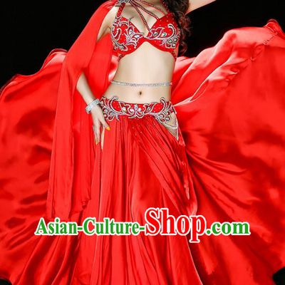 Traditional Asian Oriental Dance Bra and Skirt Costumes Indian Belly Dance Performance Red Satin Outfits