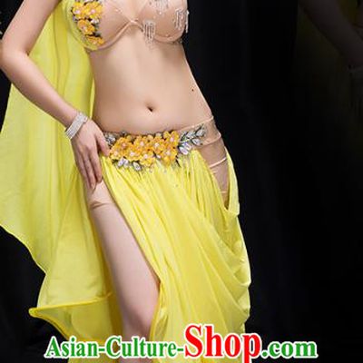 Traditional Asian Oriental Dance Clothing Indian Belly Dance Stage Performance Bra and Yellow Veil Skirt Outfits