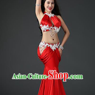 Traditional Indian Belly Dance Sexy Red Outfits Clothing Asian Oriental Dance Bra and Fishtail Skirt