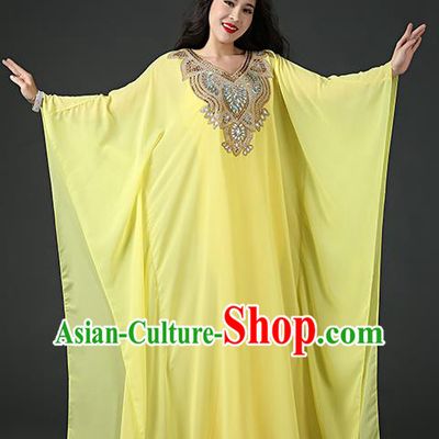 India Traditional Belly Dance Stage Performance Clothing Asian Oriental Dance Sequins Yellow Chiffon Robe and Slip Dress