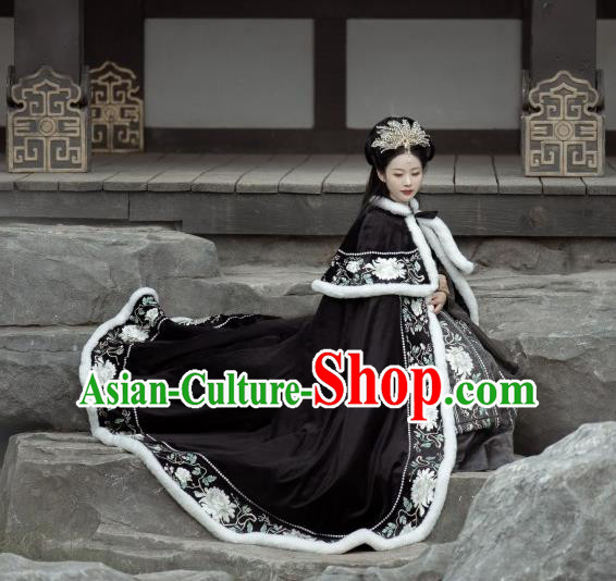 China Ancient Imperial Concubine Embroidered Black Cape Traditional Ming Dynasty Hanfu Cloak Clothing China Ancient Imperial Concubine Embroidered Black Cape Traditional Ming Dynasty Hanfu Cloak Clothing