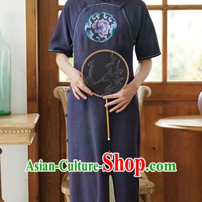 China Classical Cheongsam Dress National Embroidered Peony Purple Silk Qipao Costume
