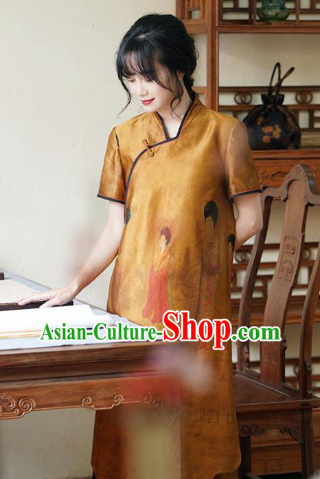China National Printing Cheongsam Classical Beauty Pattern Ginger Silk Qipao Dress China National Printing Cheongsam Classical Beauty Pattern Ginger Silk Qipao Dress