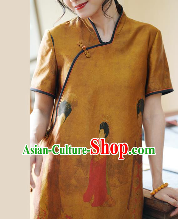 China National Printing Cheongsam Classical Beauty Pattern Ginger Silk Qipao Dress China National Printing Cheongsam Classical Beauty Pattern Ginger Silk Qipao Dress