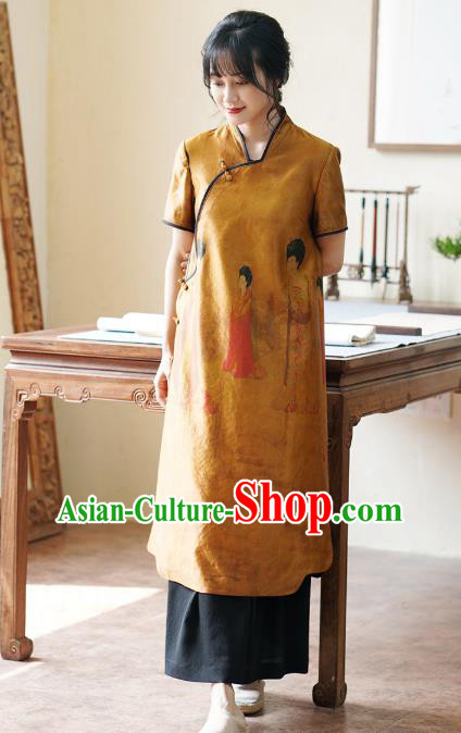 China National Printing Cheongsam Classical Beauty Pattern Ginger Silk Qipao Dress China National Printing Cheongsam Classical Beauty Pattern Ginger Silk Qipao Dress
