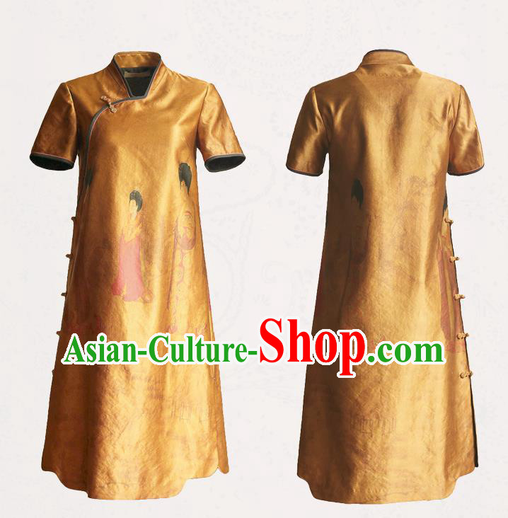China National Printing Cheongsam Classical Beauty Pattern Ginger Silk Qipao Dress China National Printing Cheongsam Classical Beauty Pattern Ginger Silk Qipao Dress