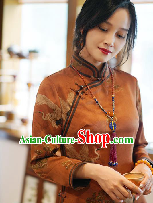 China Classical Cranes Pattern Brown Silk Qipao Dress National Printing Cheongsam China Classical Cranes Pattern Brown Silk Qipao Dress National Printing Cheongsam