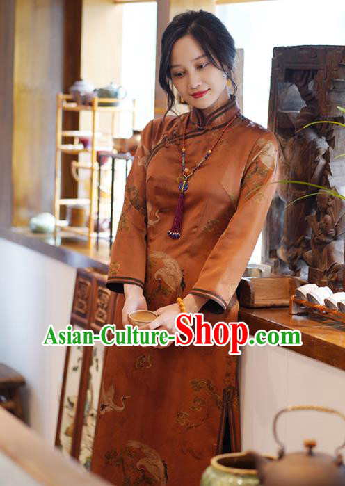 China Classical Cranes Pattern Brown Silk Qipao Dress National Printing Cheongsam China Classical Cranes Pattern Brown Silk Qipao Dress National Printing Cheongsam