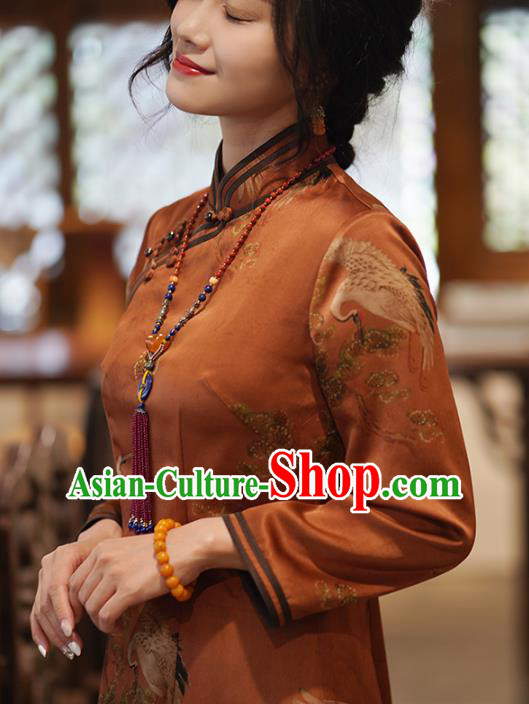 China Classical Cranes Pattern Brown Silk Qipao Dress National Printing Cheongsam China Classical Cranes Pattern Brown Silk Qipao Dress National Printing Cheongsam